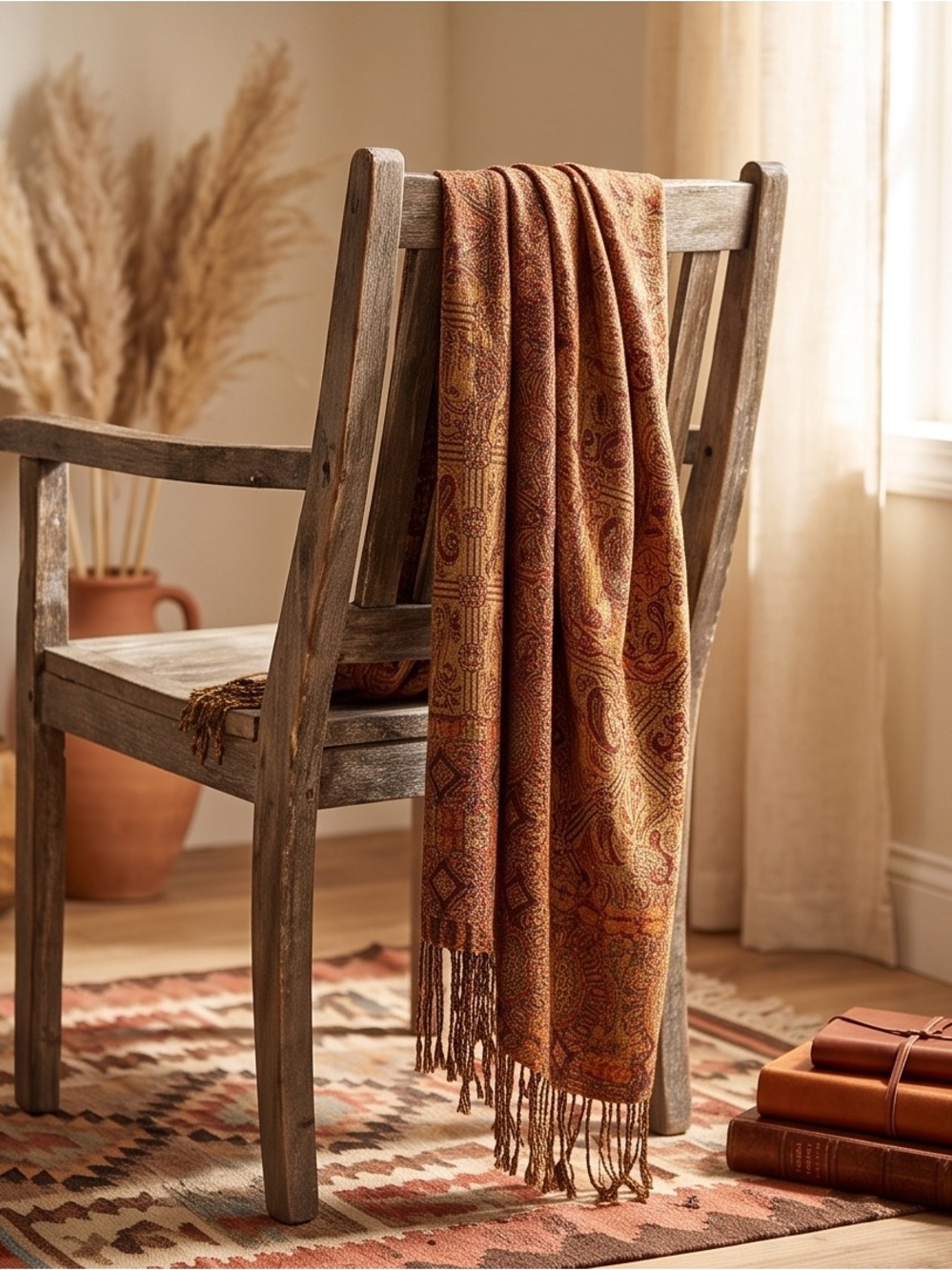 47” X 90” Silver Sparkle Embellished Mustard and Rust Paisley Wrap or Tablecloth - Picture 9 of 9